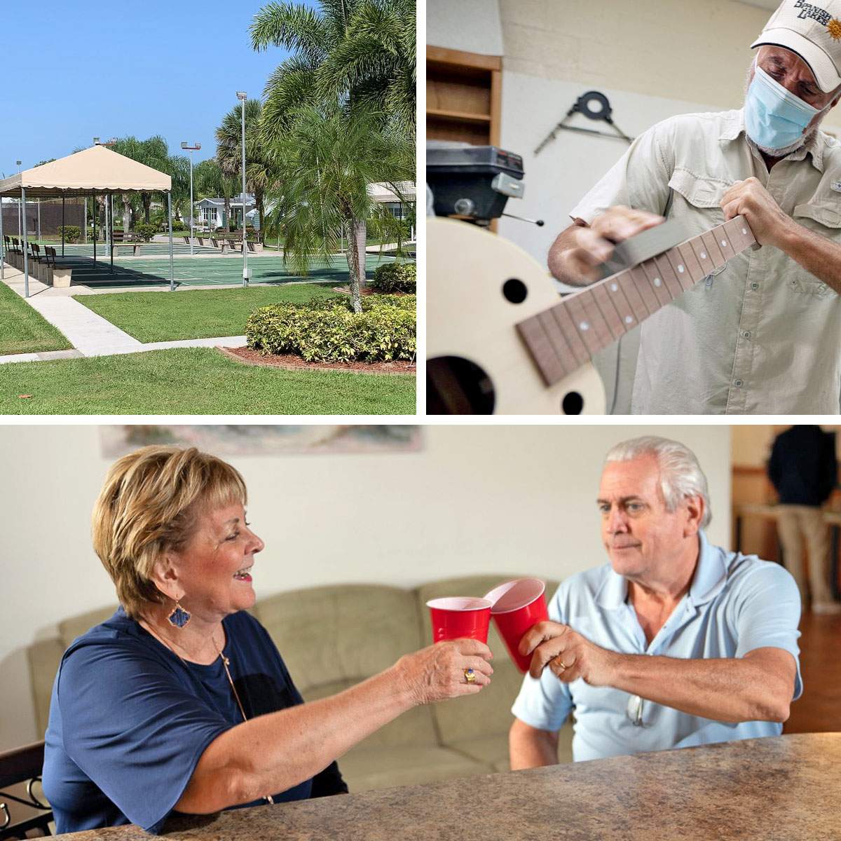 A group of three images. 1. Blue skies, trees, and a view of the tennis courts. 2.  A man working on a guitar. 3. A couple enjoying a drink.